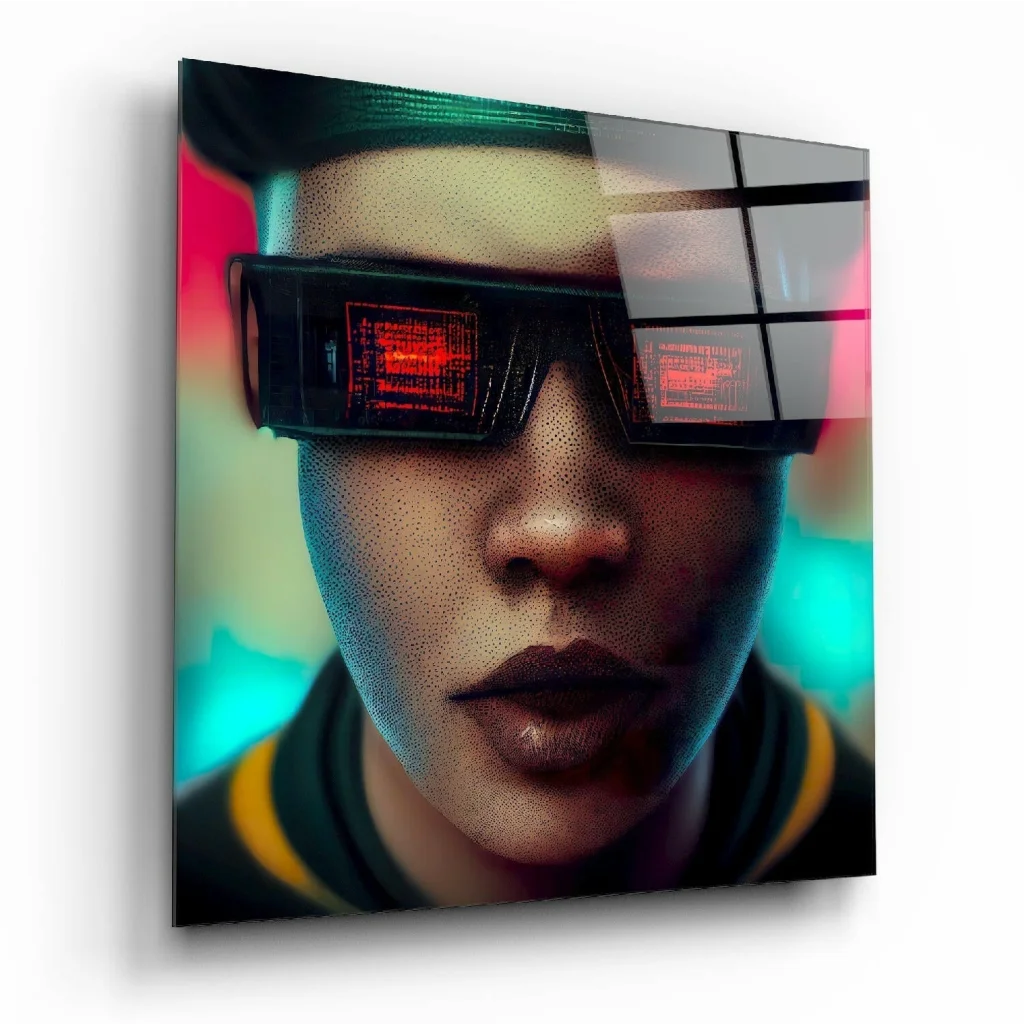 Futuristic neon portrait glass wall art with red glowing visor glasses