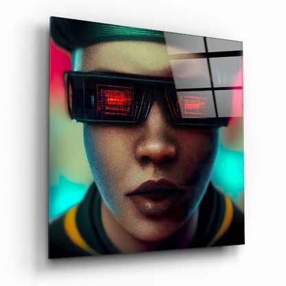 Futuristic neon portrait glass wall art with red glowing visor glasses
