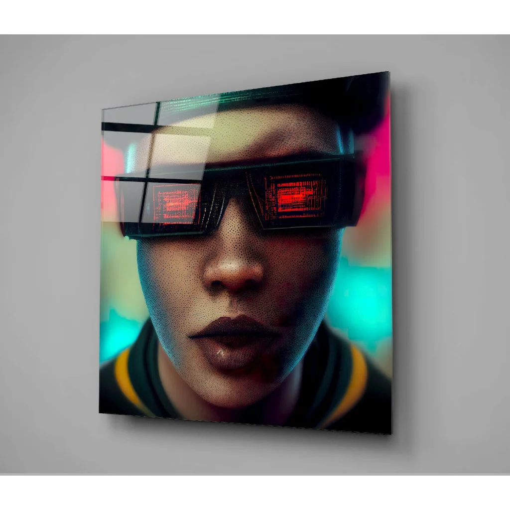 Futuristic neon portrait glass wall art with red holographic sunglasses