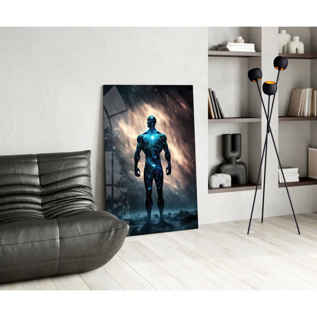 Cosmic blue warrior glass wall art with glowing muscular figure and nebula backdrop