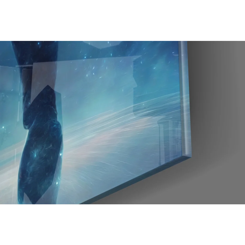 Sleek cosmic blue energy glass wall art print of futuristic cityscape