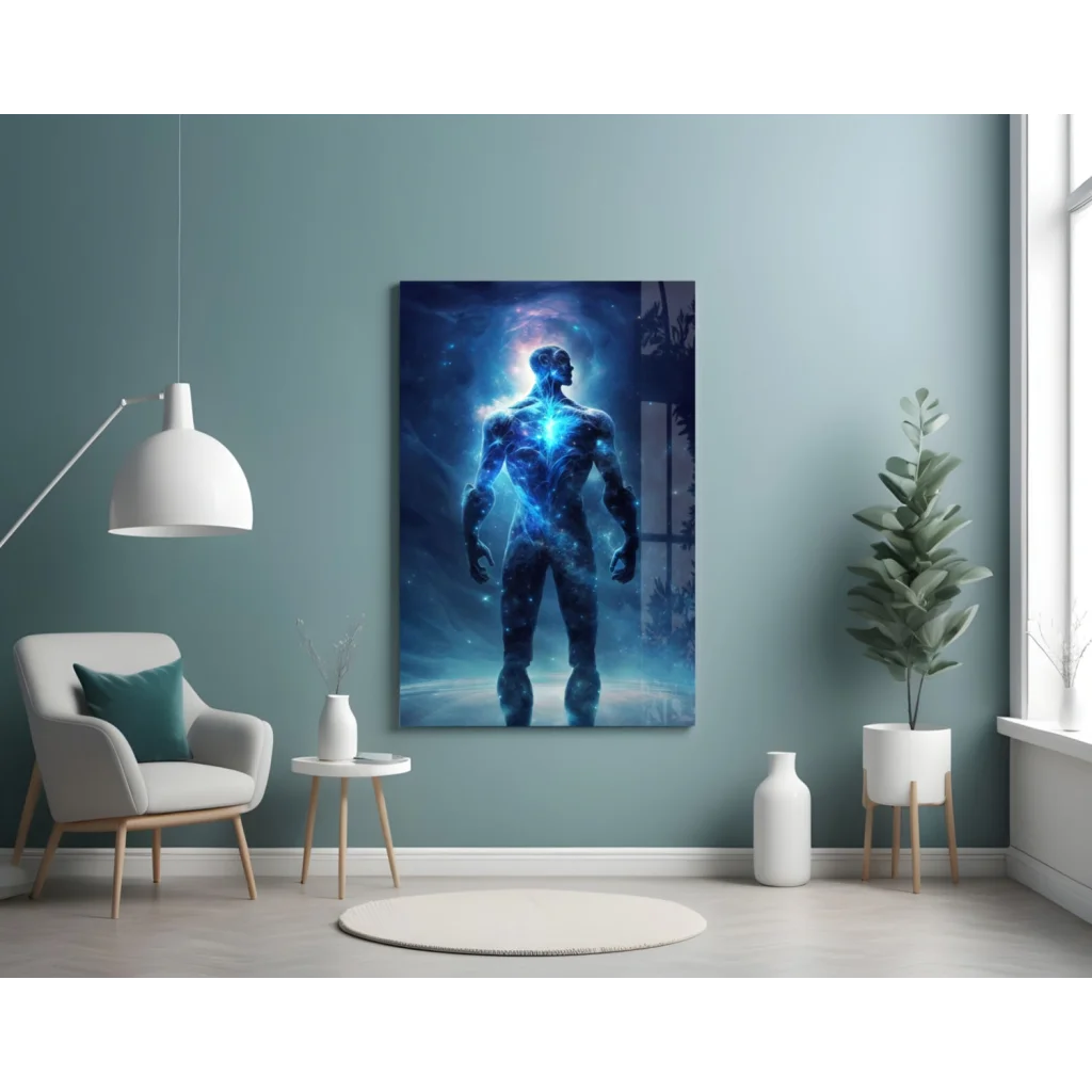 Cosmic blue energy figure wall art print glowing in starry space