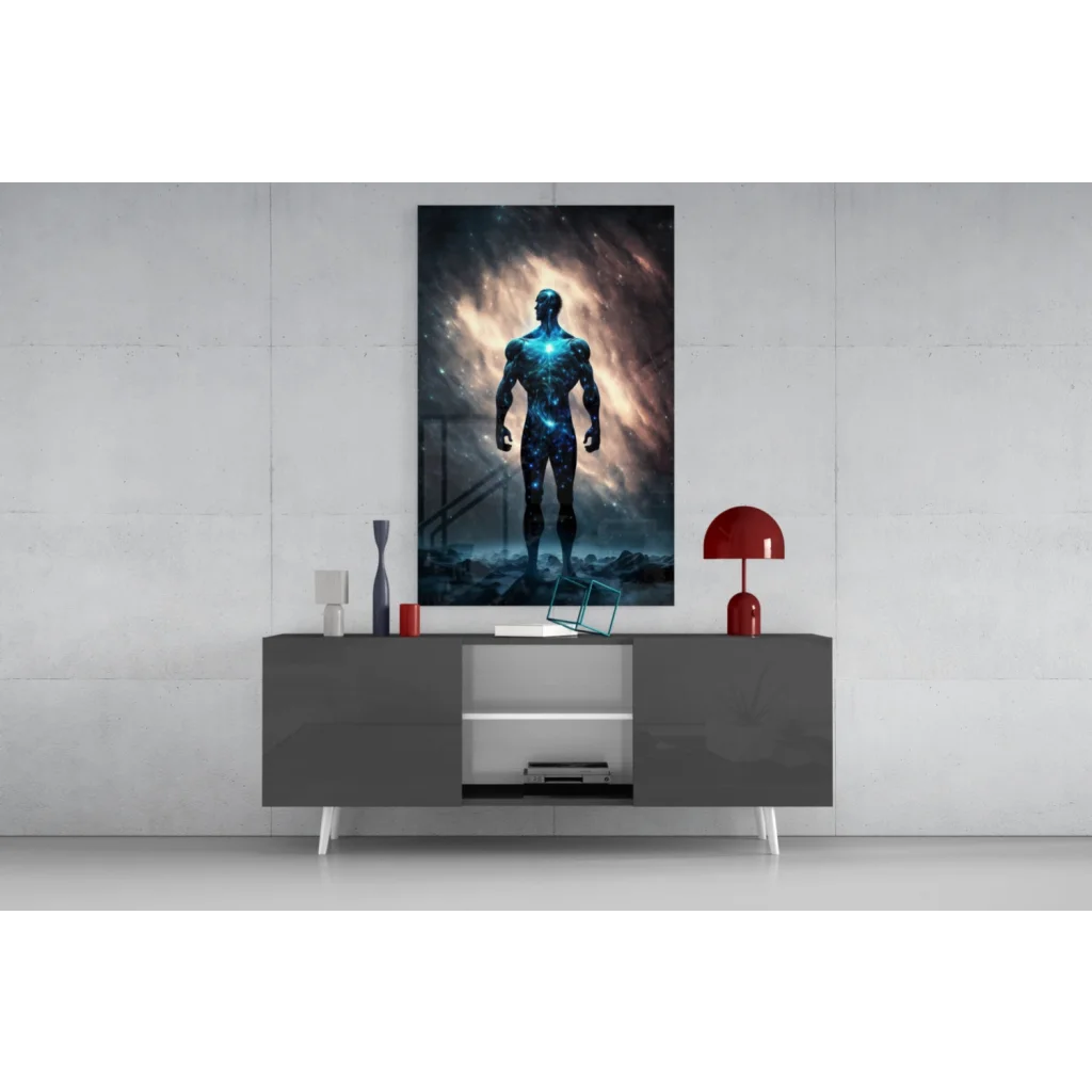 Cosmic blue warrior glass wall art with nebula glow