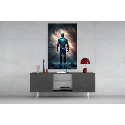 Cosmic blue warrior glass wall art with nebula glow