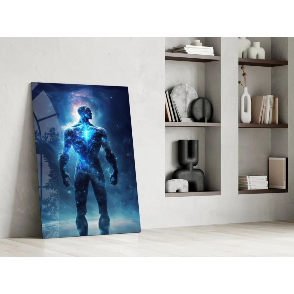 Vibrant cosmic blue energy figure wall art canvas print on white wall