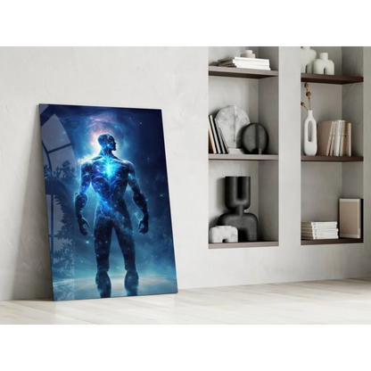 Vibrant cosmic blue energy figure wall art canvas print on white wall