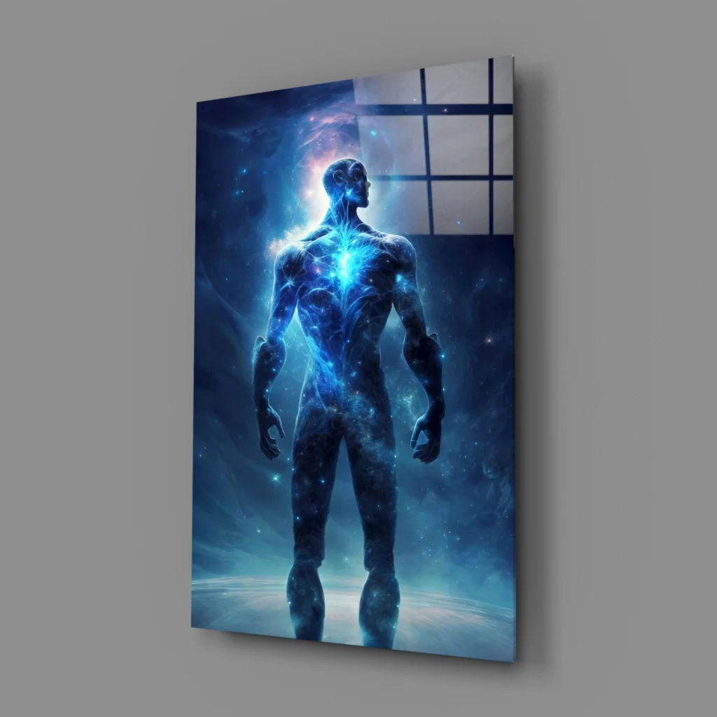 Glowing blue cosmic figure wall art canvas print with nebula energy core