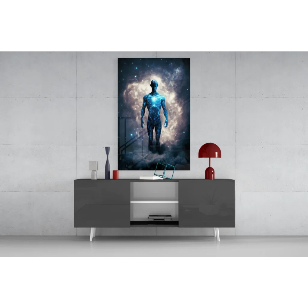 Glowing blue humanoid figure cosmic nebula wall art canvas print