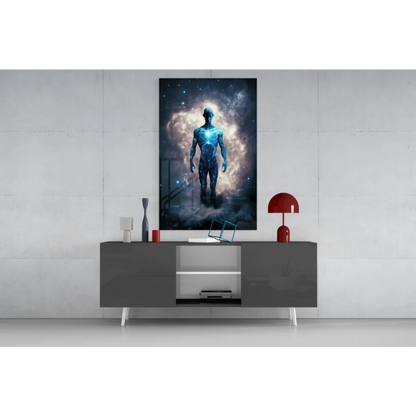 Glowing blue humanoid figure cosmic nebula wall art canvas print