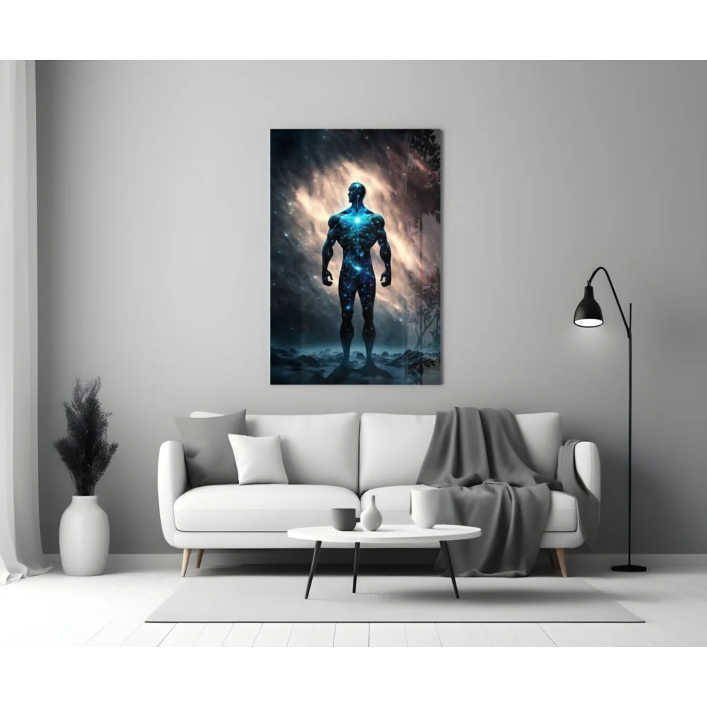 Cosmic Blue Warrior Glass Wall Art with Nebula Energy Glow | Modern Wall Art Decor | vintageantiquesgifts.com