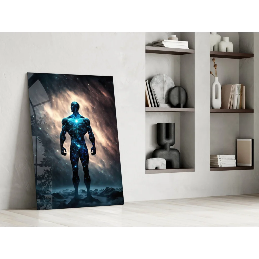 Cosmic Blue Warrior glass wall art with nebula glow in minimalist interior