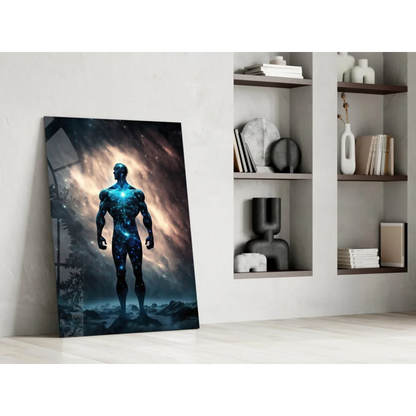 Cosmic Blue Warrior glass wall art with nebula glow in minimalist interior