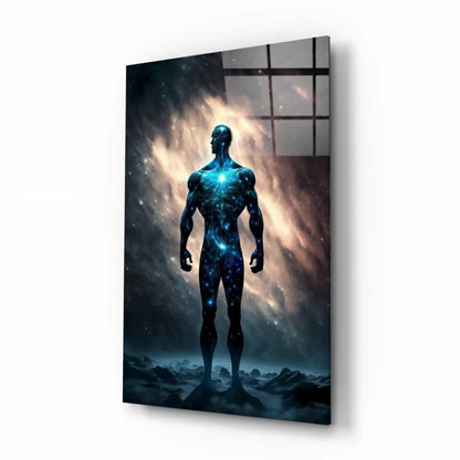 Cosmic Blue Warrior Glass Wall Art with Nebula Energy Glow | Insigneart USA | vintageantiquesgifts.com