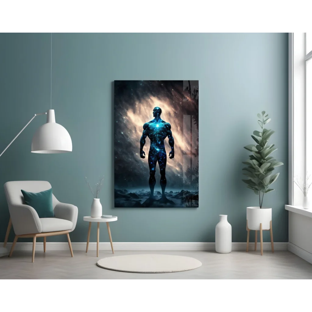 Cosmic Blue Warrior Glass Wall Art with Nebula Energy Glow | Contemporary Home Wall Art | vintageantiquesgifts.com