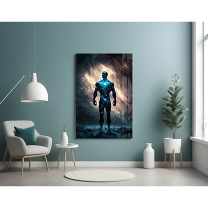 Cosmic Blue Warrior Glass Wall Art with Nebula Energy Glow | Contemporary Home Wall Art | vintageantiquesgifts.com
