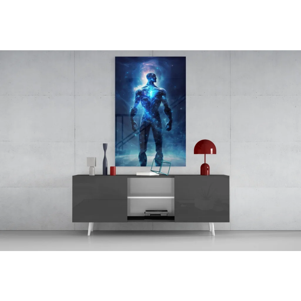 Striking blue cosmic figure wall art print with starry energy silhouette