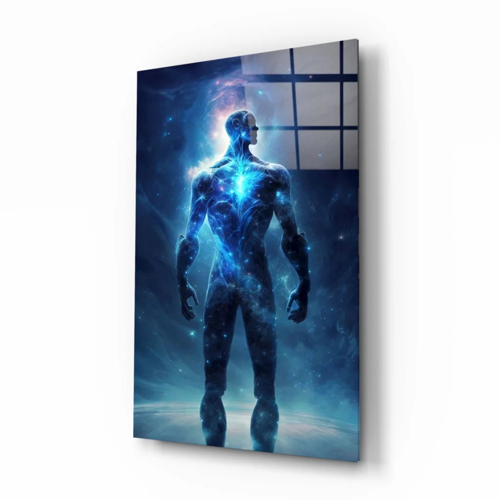 Cosmic blue energy figure canvas wall art print glowing in starry nebula