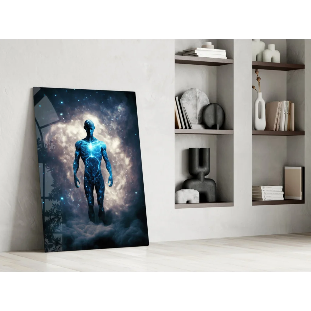 Glowing blue humanoid figure in cosmic nebula wall art print