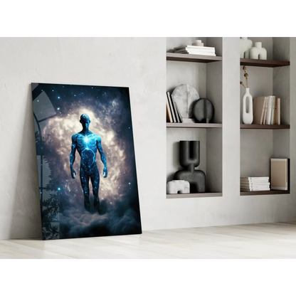Glowing blue humanoid figure in cosmic nebula wall art print