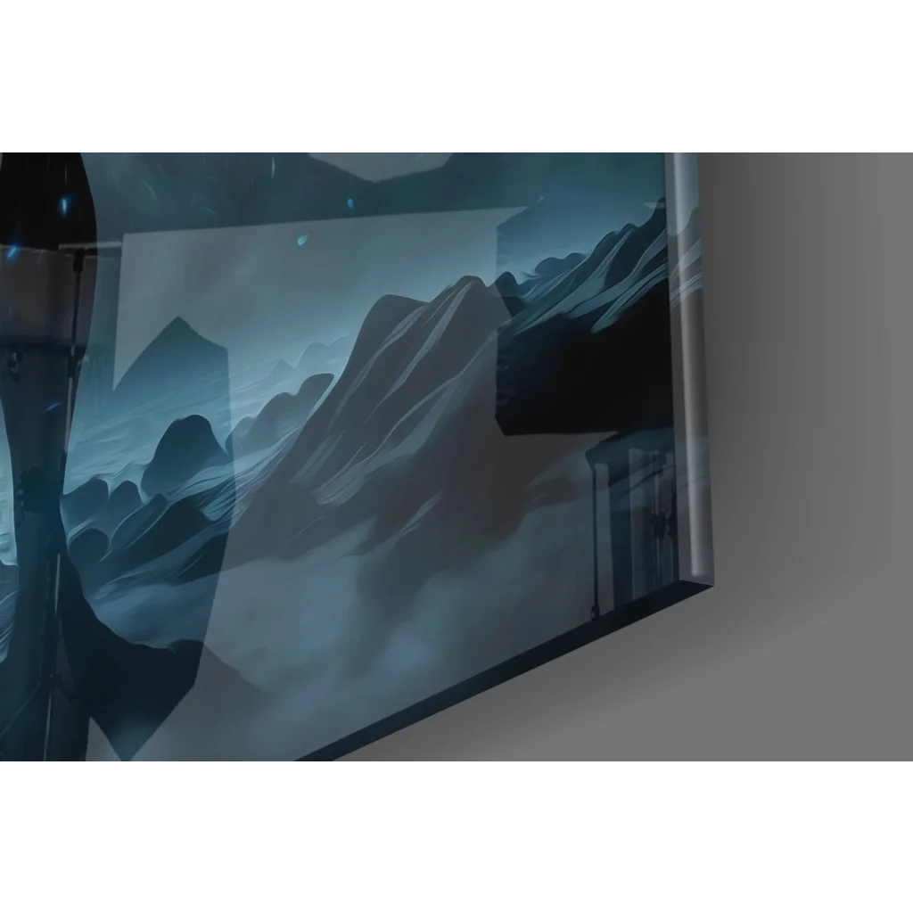 Sleek Cosmic Blue Warrior glass wall art with nebula glow and mountain TV display