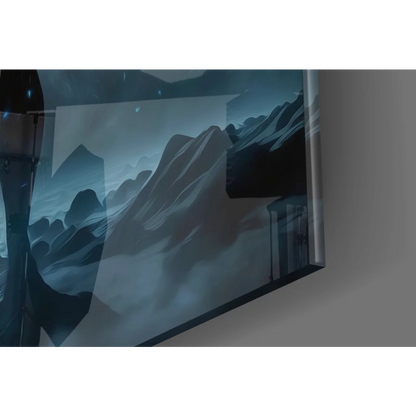 Sleek Cosmic Blue Warrior glass wall art with nebula glow and mountain TV display