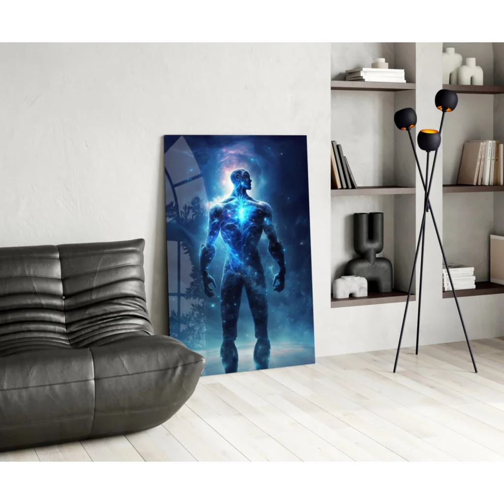 Cosmic blue energy figure canvas wall art print on white wall