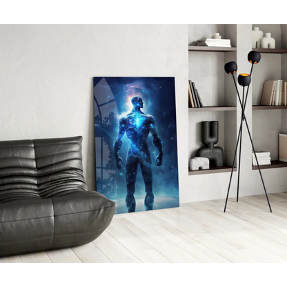 Cosmic blue energy figure canvas wall art print on white wall