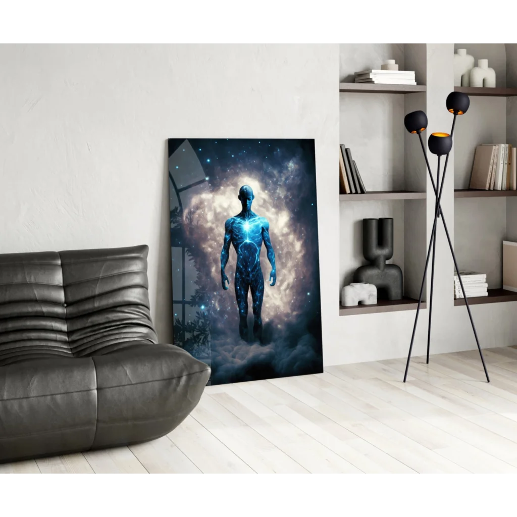Glowing blue cosmic figure canvas wall art print on starry nebula