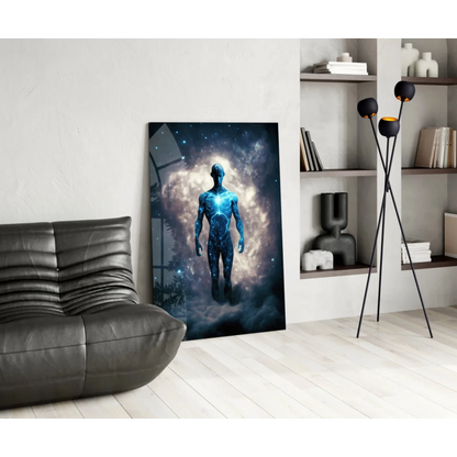 Glowing blue cosmic figure canvas wall art print on starry nebula