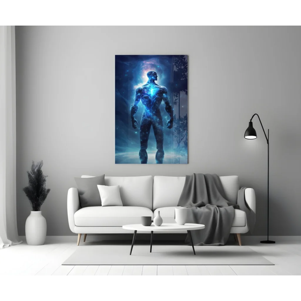 Cosmic blue energy figure glowing with starry power on glass wall art print