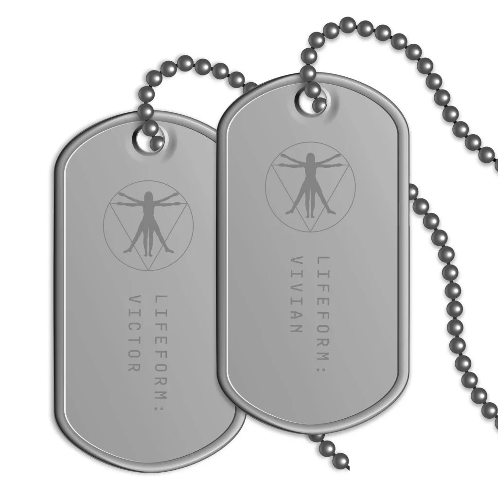 Silver dog tags with engraved human figure for Vivian Deluxe Edition by Exclusive Angels