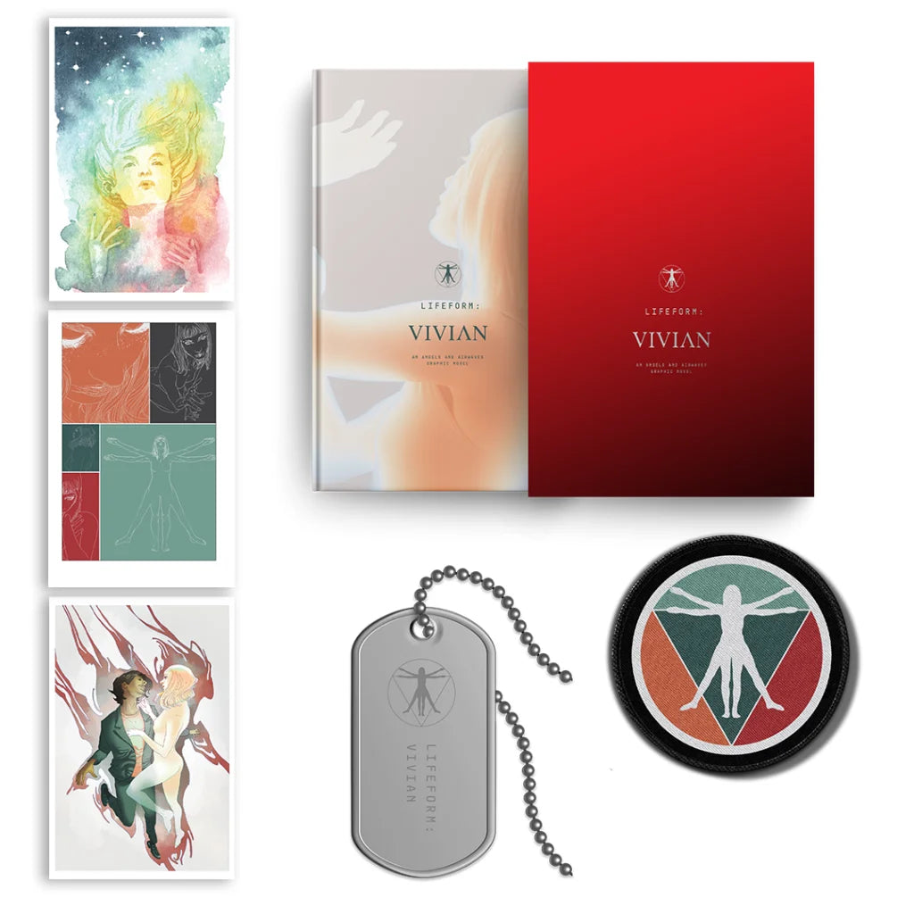 Vivian Deluxe Edition Graphic Novel by Angels & Airwaves with books art prints dog tag pin