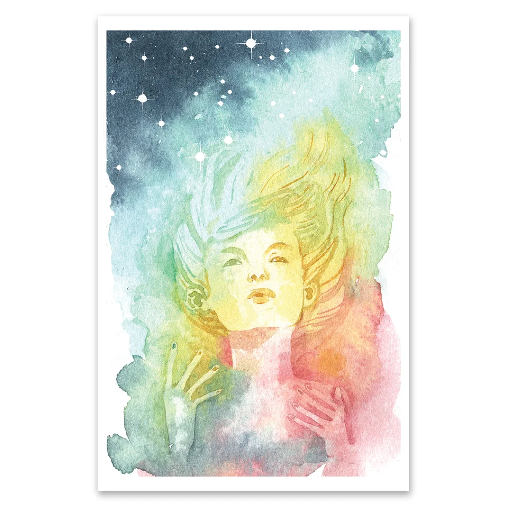Watercolor painting of a woman with flowing hair under a starry sky for Vivian Deluxe Edition