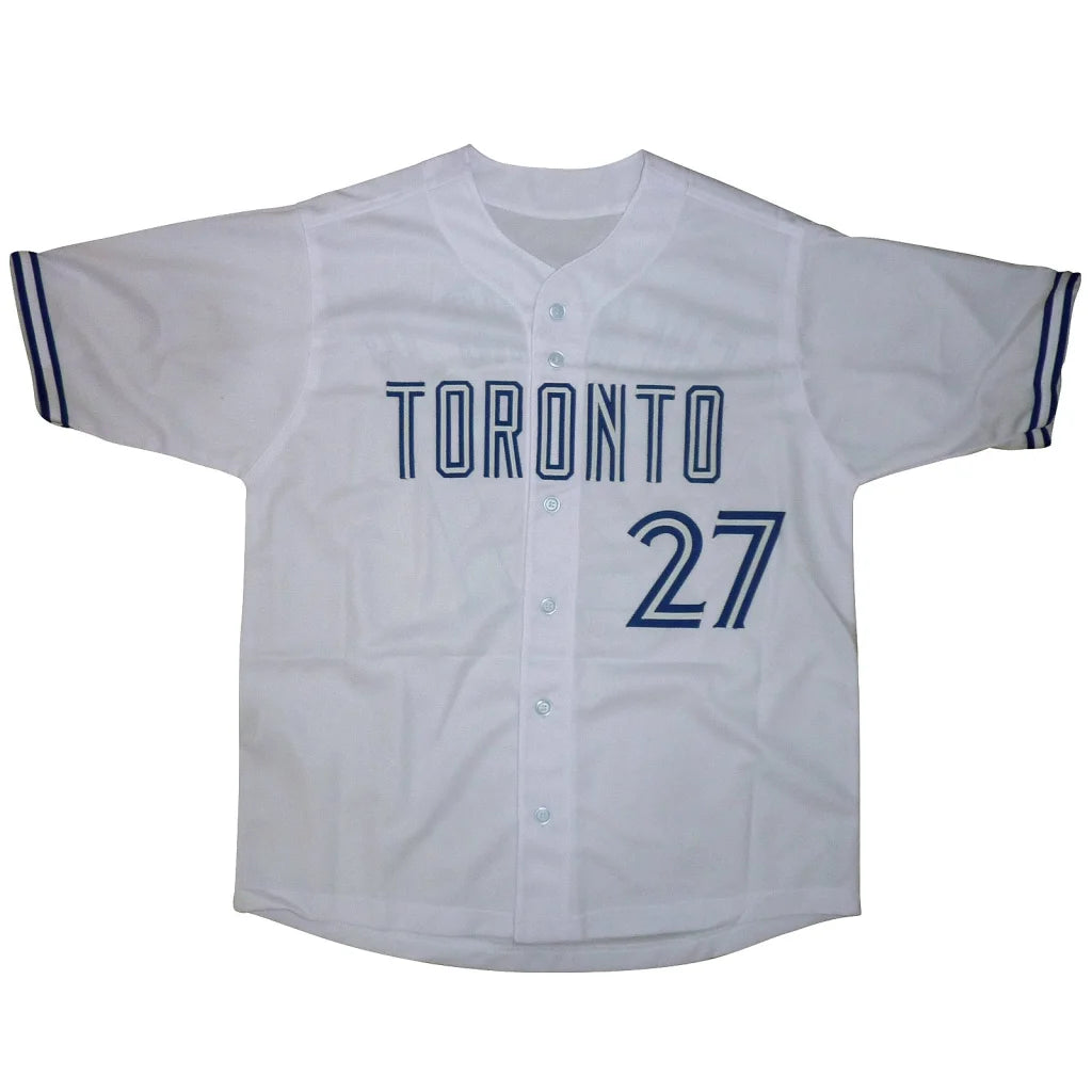 White custom baseball jersey with navy toronto lettering and number 27 signed by vladimir guerrero jr with jsa certification