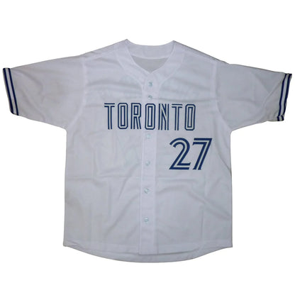 White custom baseball jersey with navy toronto lettering and number 27 signed by vladimir guerrero jr with jsa certification