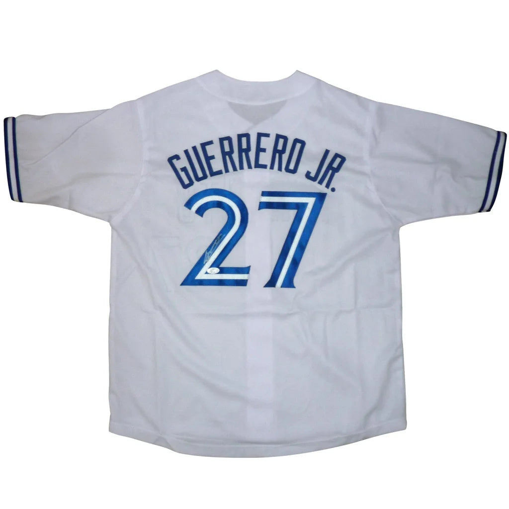 Back view of white vladimir guerrero custom baseball jersey with blue lettering and number 27 autographed by jr
