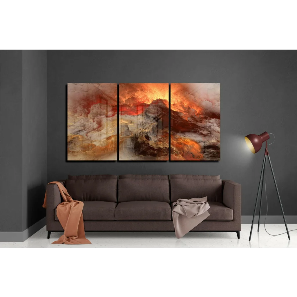 Three-panel fiery abstract canvas wall art in bold orange, red, and gray