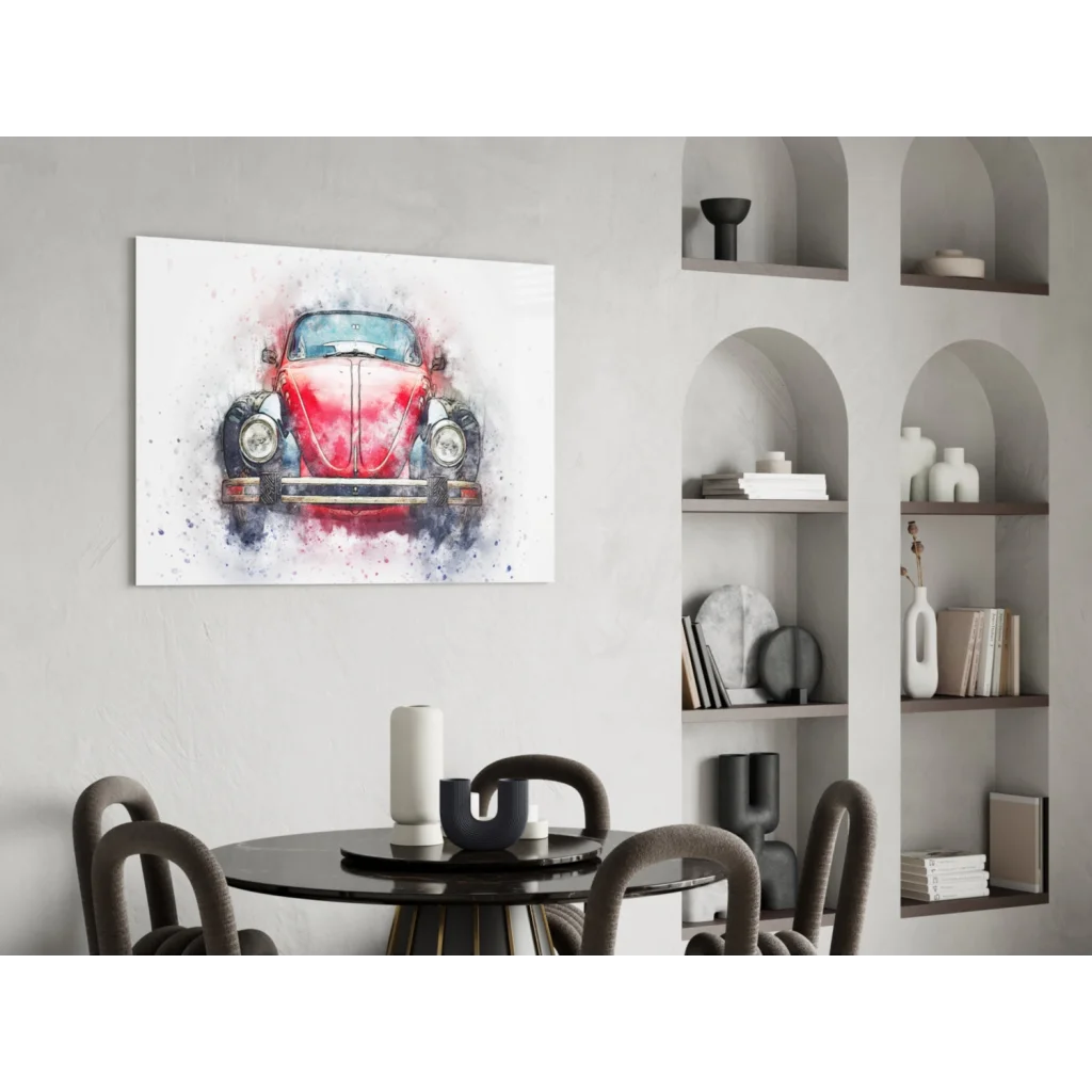 Vintage red Volkswagen Beetle watercolor glass wall art print