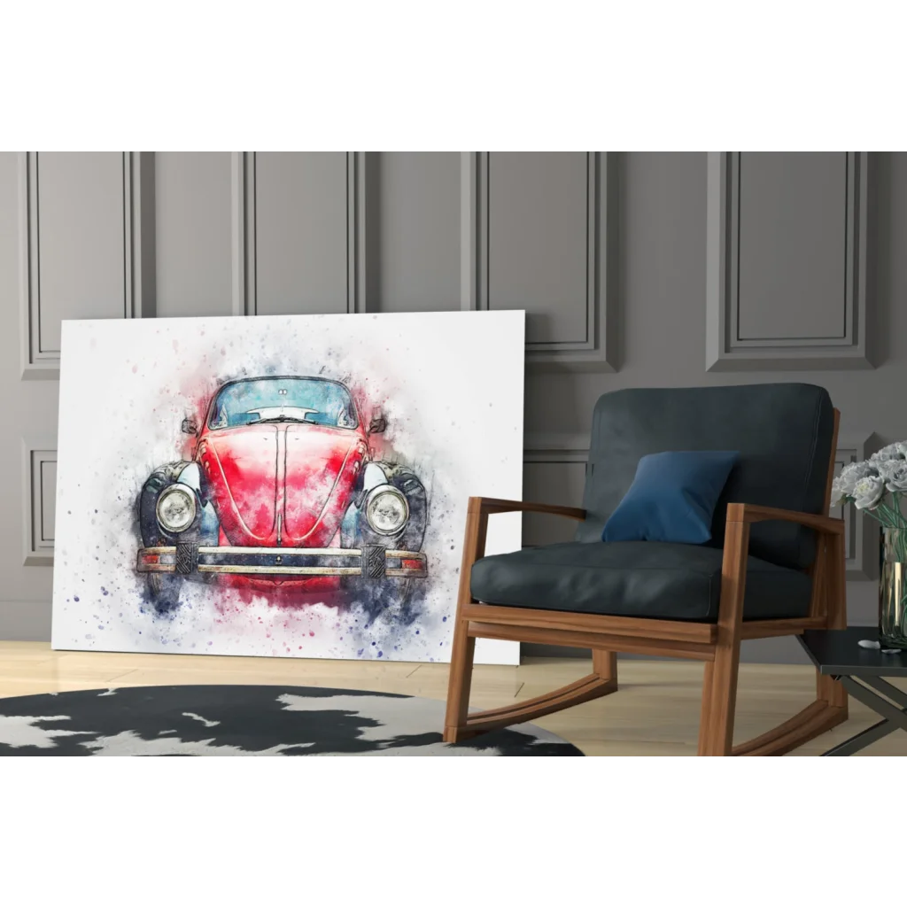 Vibrant red watercolor Volkswagen Beetle glass wall art print