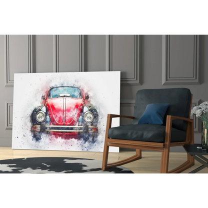 Vibrant red watercolor Volkswagen Beetle glass wall art print