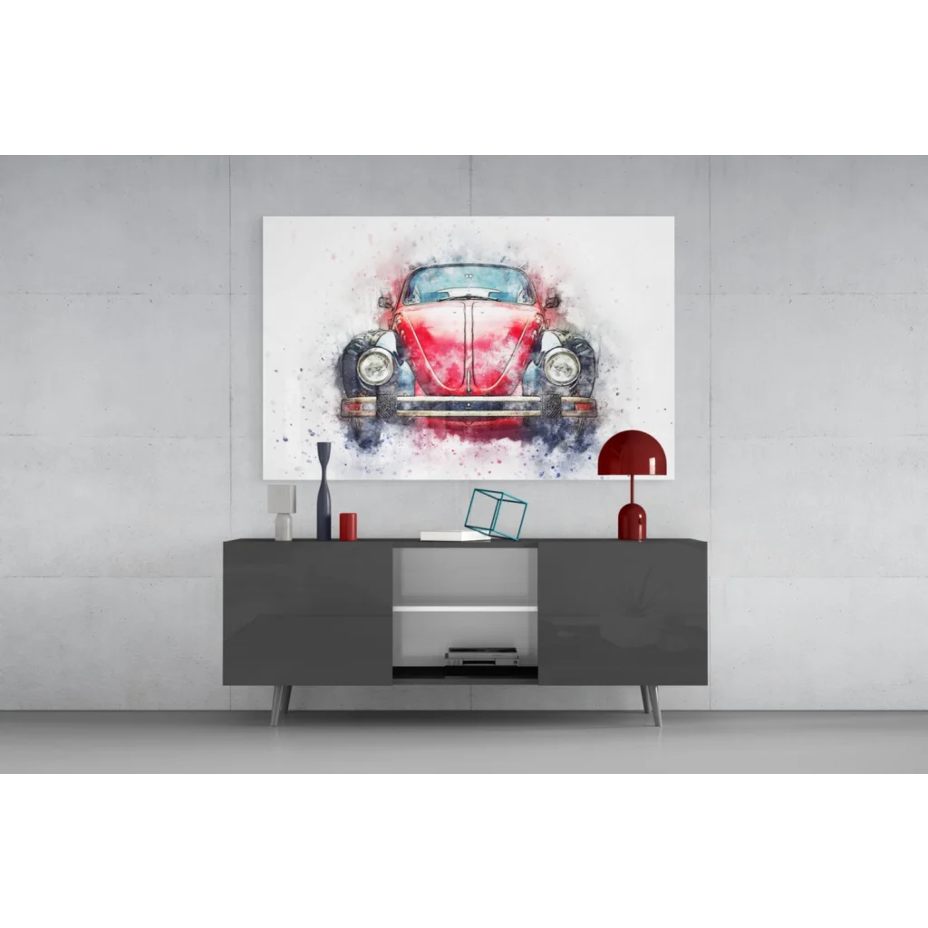 Vibrant red watercolor Volkswagen Beetle glass wall art on gray console