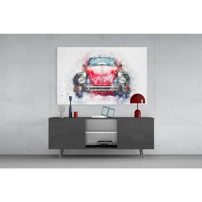 Vibrant red watercolor Volkswagen Beetle glass wall art on gray console