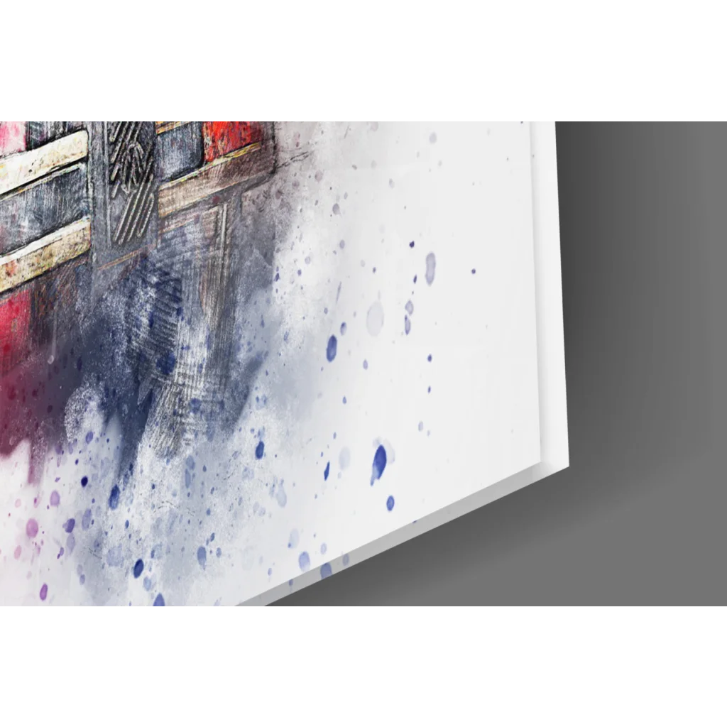 Vintage red beetle glass wall art with blue purple abstract textures