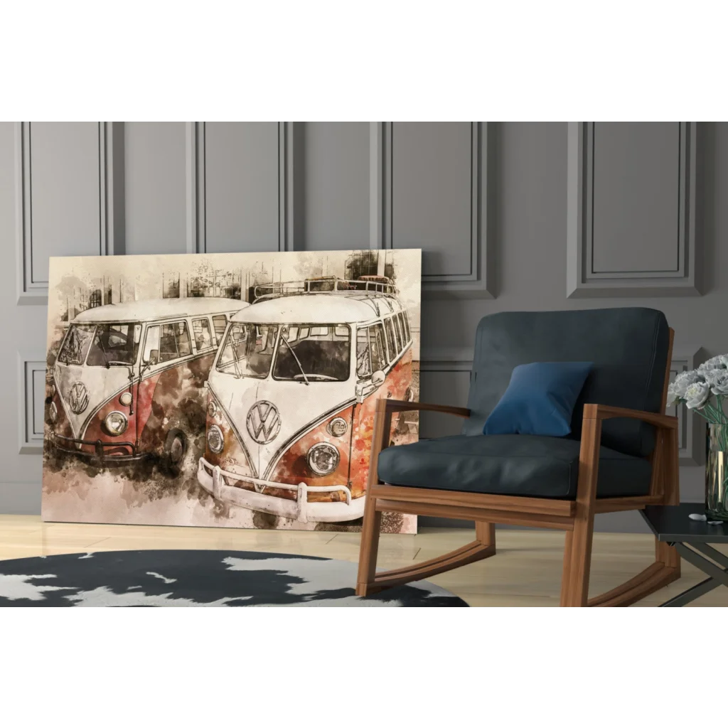 Vintage VW Bus watercolor canvas wall art print in earthy tones