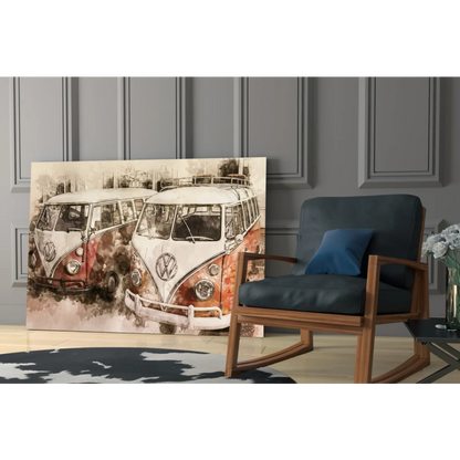 Vintage VW Bus watercolor canvas wall art print in earthy tones