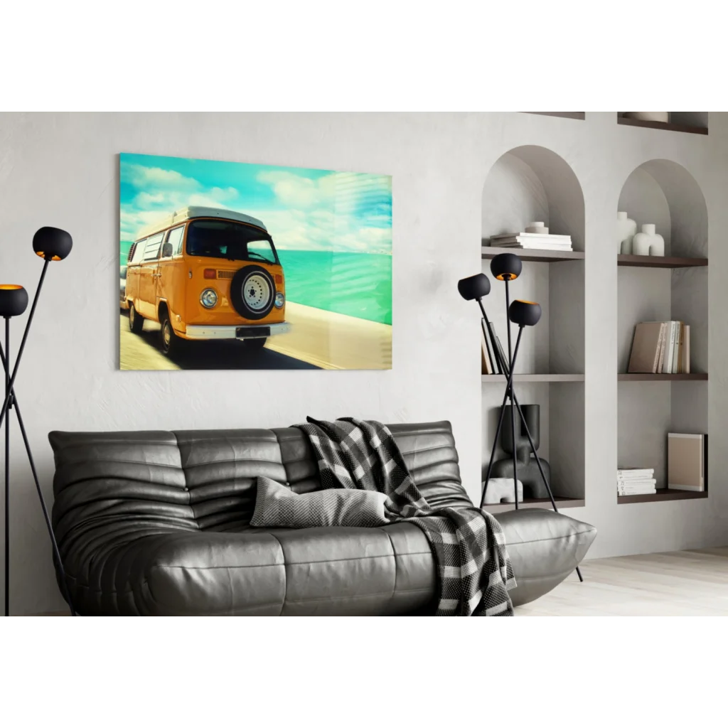 Vintage orange VW van glass wall art canvas print