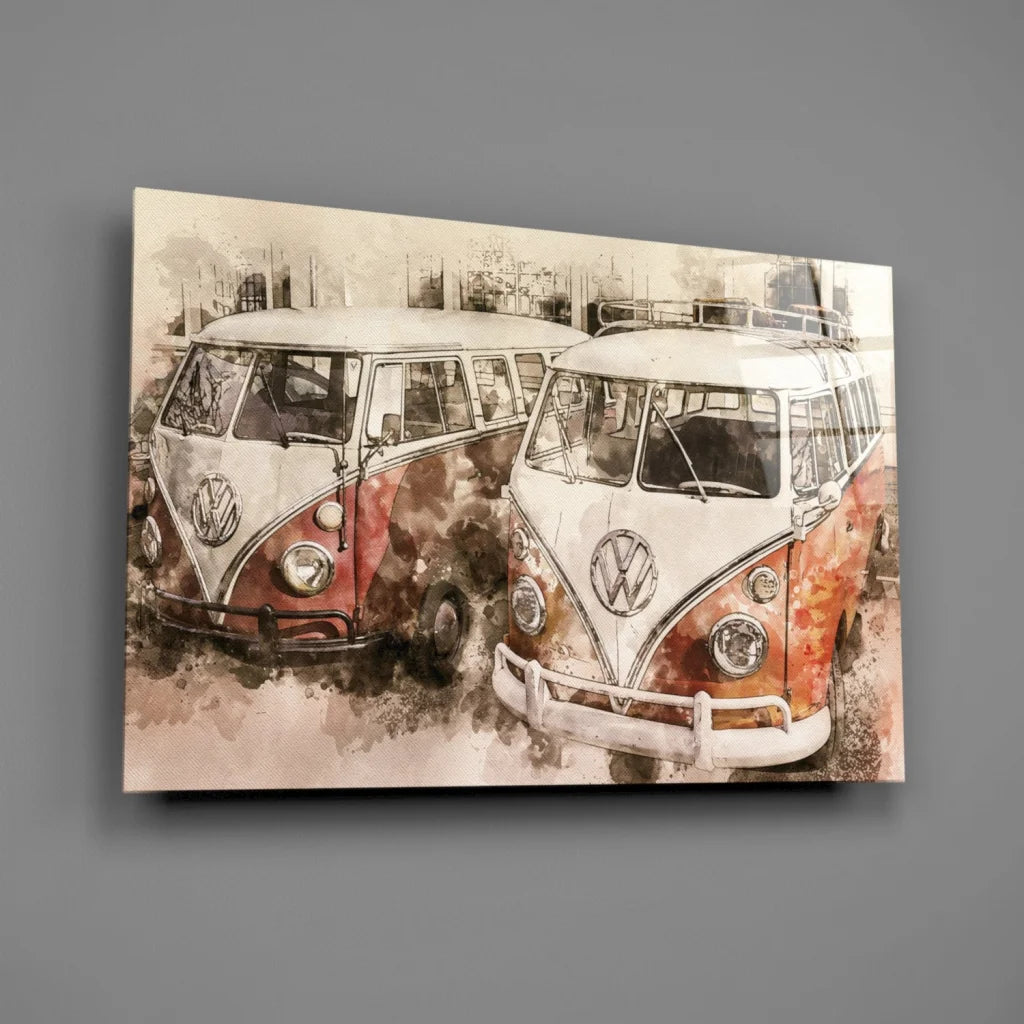 Vintage VW Bus watercolor canvas wall art print of two red and white buses