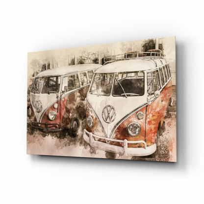 Vintage VW Bus watercolor canvas wall art print with two rusty buses