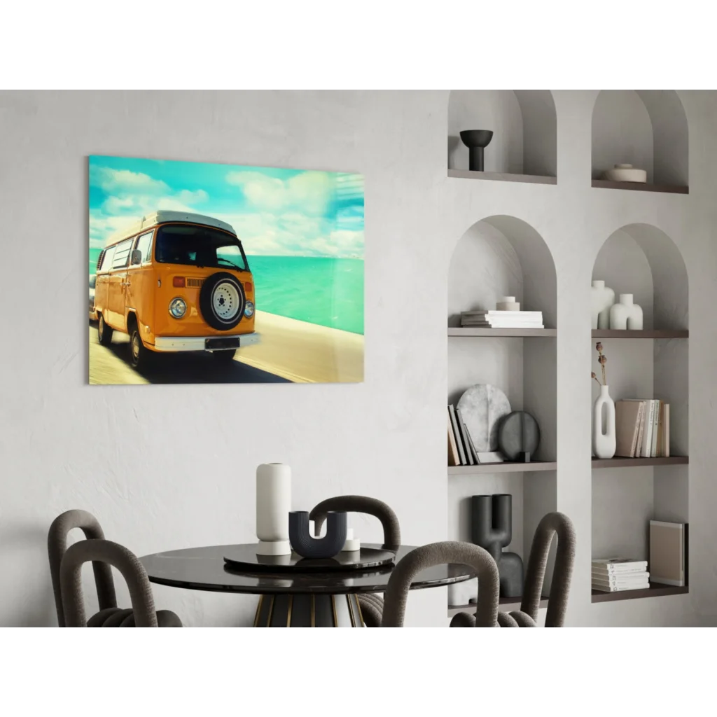 Vibrant orange vintage Volkswagen van on glass wall art canvas print