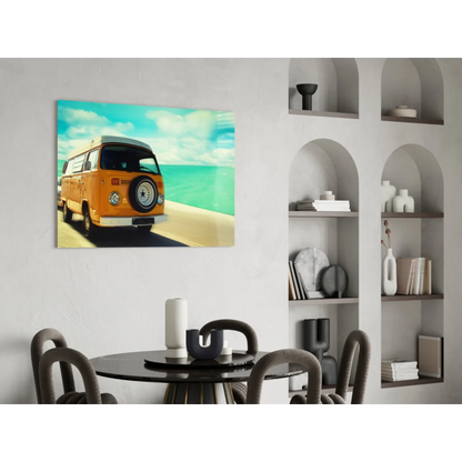 Vibrant orange vintage Volkswagen van on glass wall art canvas print
